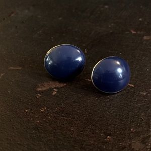 Vintage Blue Oval Stud Earrings with Gold Trim